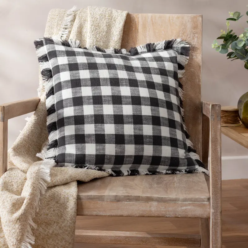 Barton Check Fringed Cushion Black 1