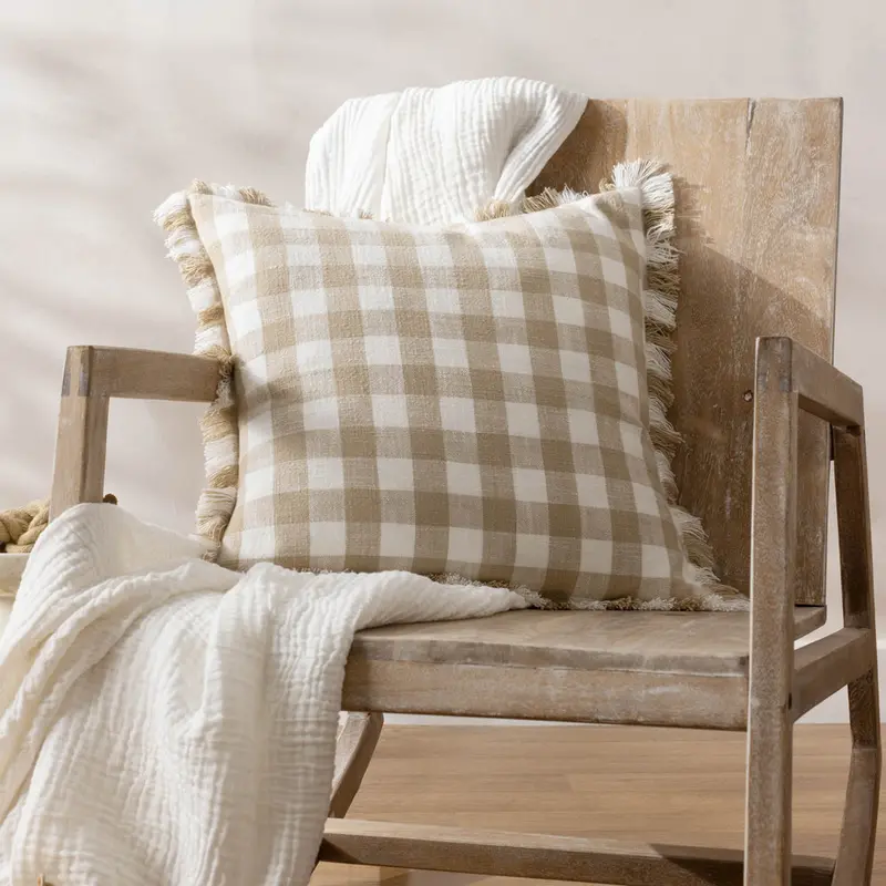 Barton Check Fringed Cushion Natural 1