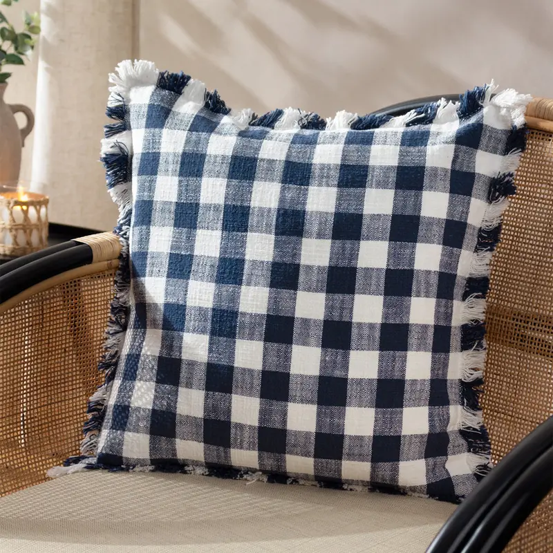 Barton Check Fringed Cushion Navy 1