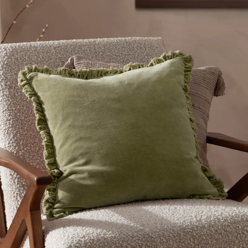 Bertie Washed Cotton Velvet Cushion Sage 1
