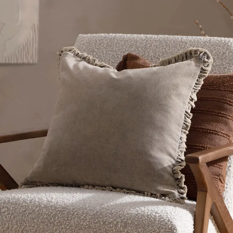 Bertie Washed Cotton Velvet Cushion Taupe 1