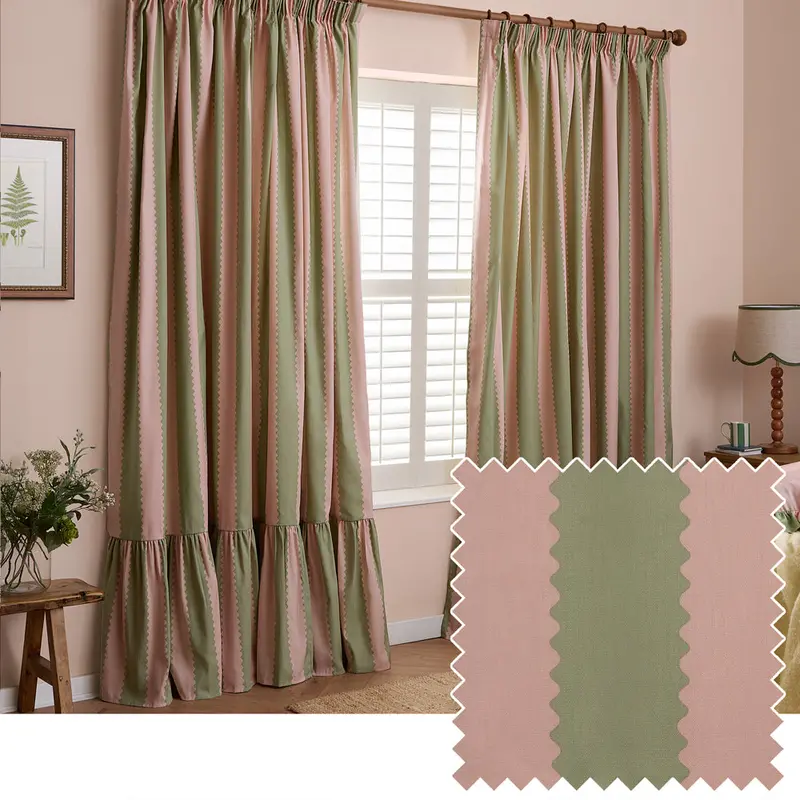 Birdie Stripe Fully Lined Ruffle Pencil Pleat Curtains Pink/Green 1