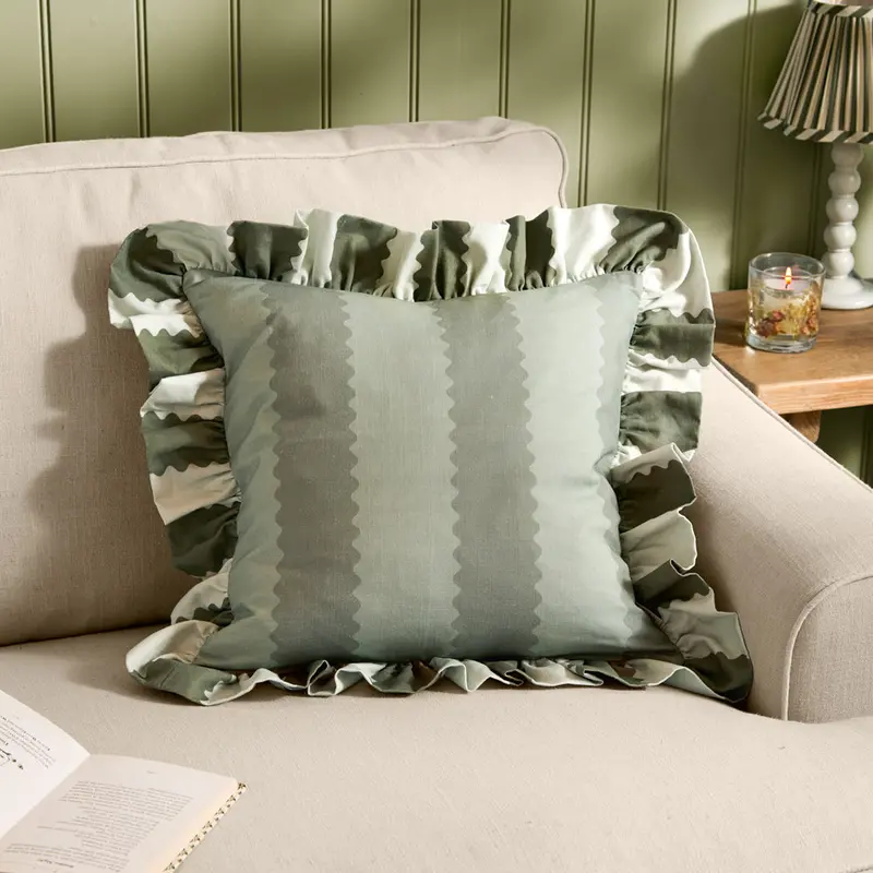 Birdie Stripe Ruffle Cushion Bay Green/Mist 1