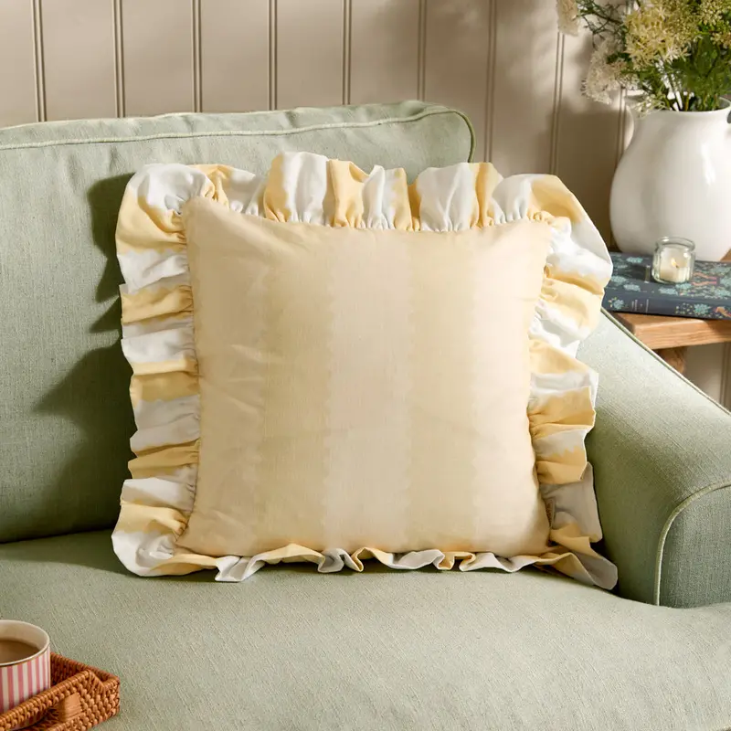 Birdie Stripe Ruffle Cushion Butter Yellow 1