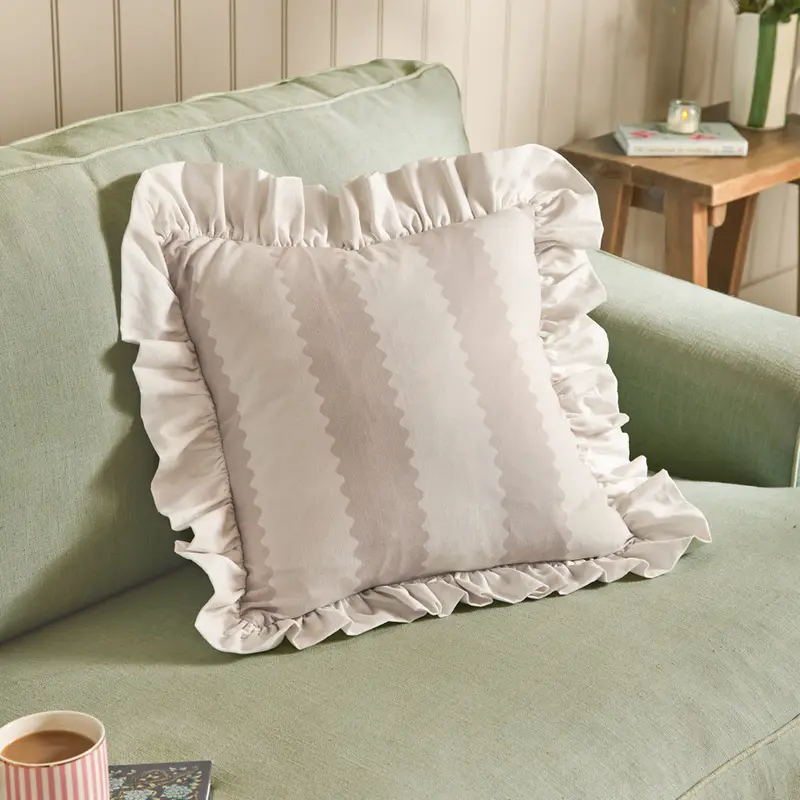 Birdie Stripe Ruffle Cushion Oat/Milk 1