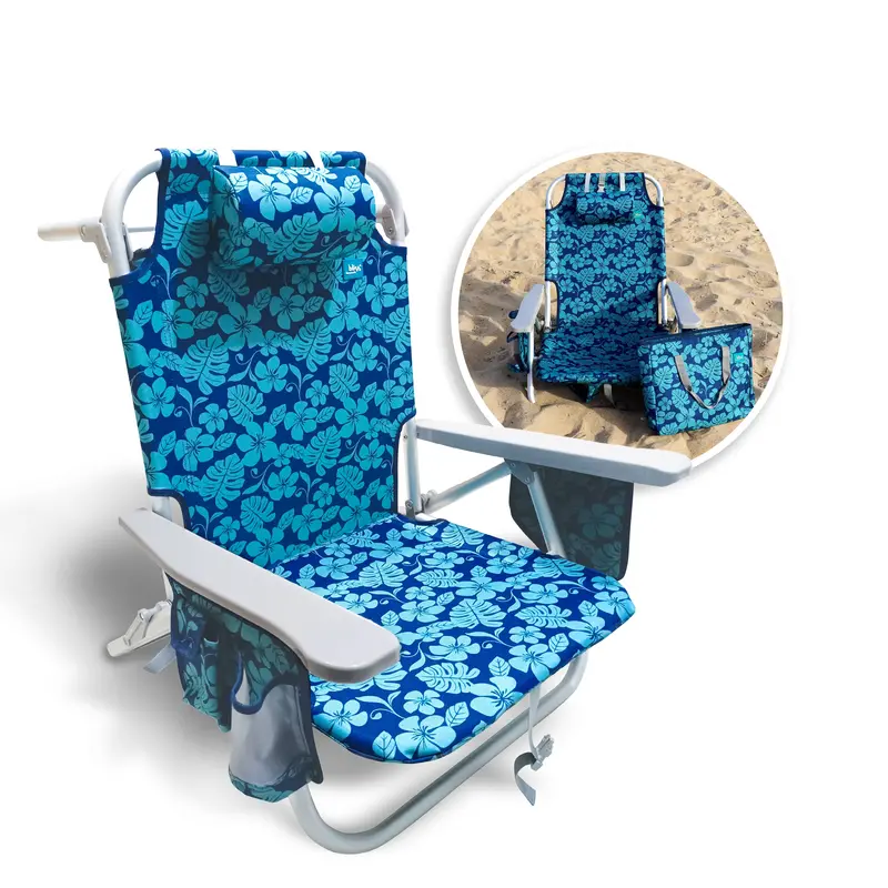 Bliss Hammocks Backpack Aluminum Beach Chair W/ Side Pocket & Detachable Cooler Bag | 5 Reclining Positions | 275 Lb. Capacity (Blue Flower) 1
