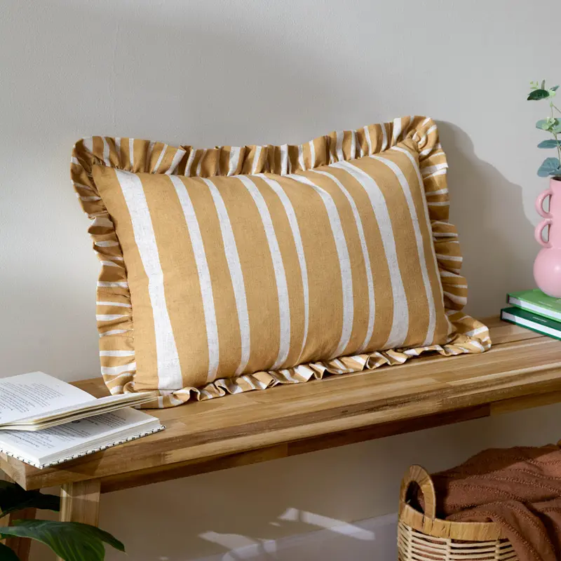 Carmon Stripe Ruffle Cushion Linen/Ochre 1
