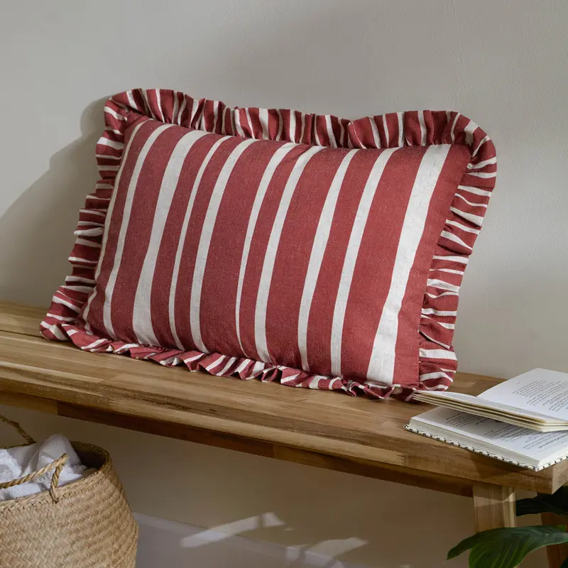 Carmon Stripe Ruffle Cushion Linen/Red 1