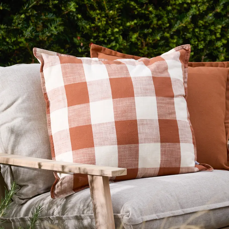 Chesil Check 100% Cotton Outdoor Cushion Pecan 1