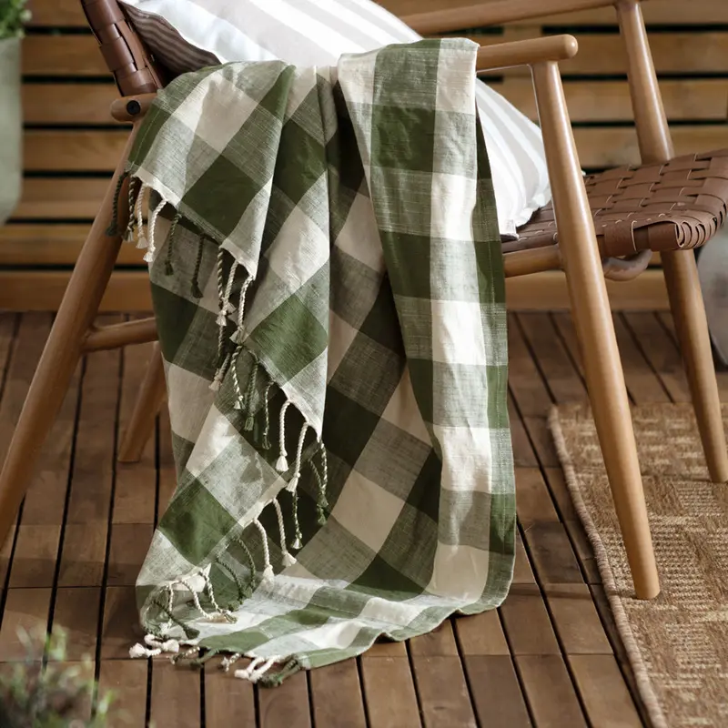Chesil Check Tasselled 100% Cotton Throw Moss 1