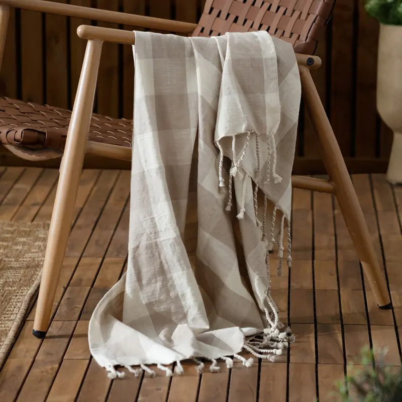 Chesil Check Tasselled 100% Cotton Throw Natural 1