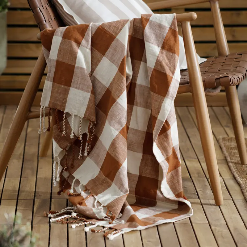 Chesil Check Tasselled 100% Cotton Throw Pecan 1