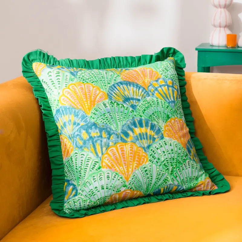 Clam Shells Frilled Cushion Green 1