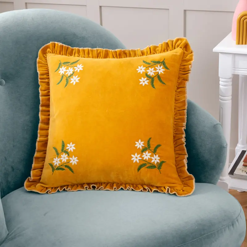 Daisy Frill Embroidered Velvet Cushion Gold 1