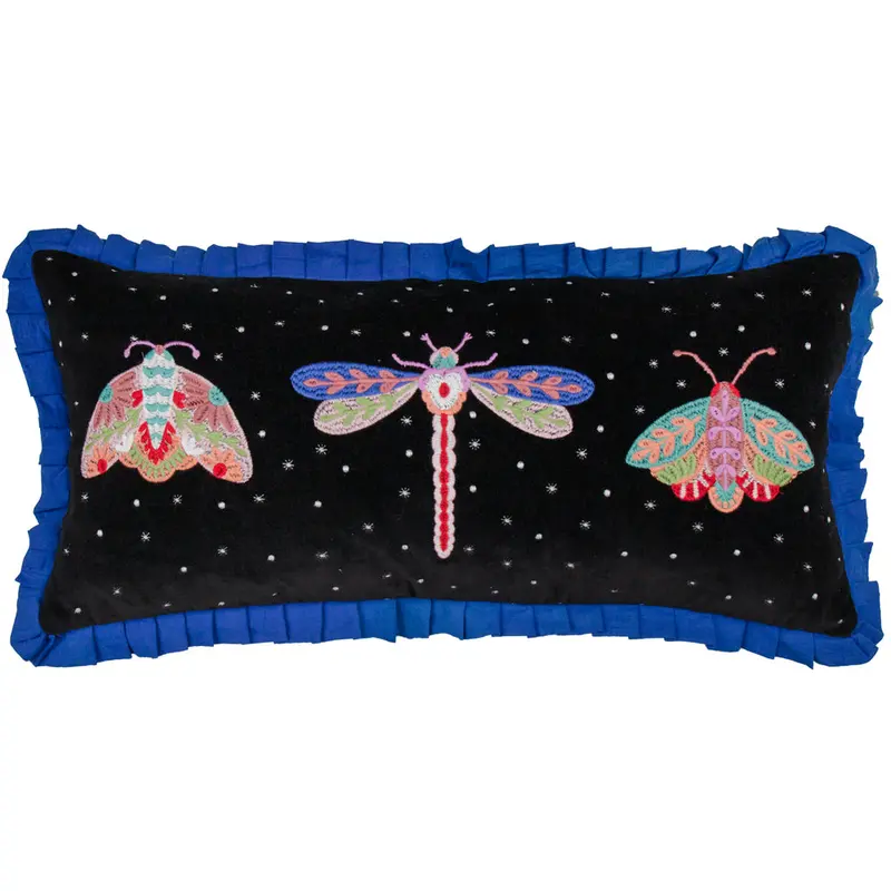 Darkling Beetles Embroidered Velvet Cushion Cobalt/Black 1