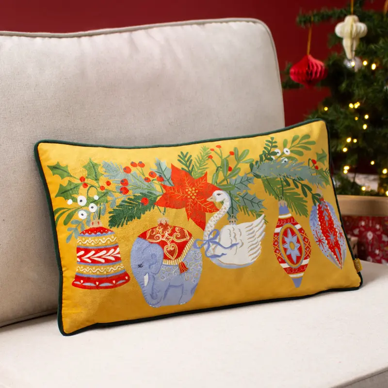 Deck The Halls Baubles Rectangular Cushion Ochre/Pine Green 1