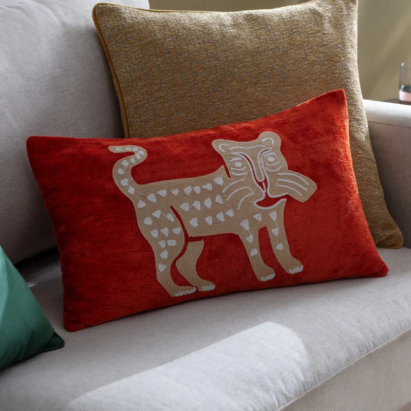 Dynasty Leopard Embroidered Chenille Cushion Rust 1