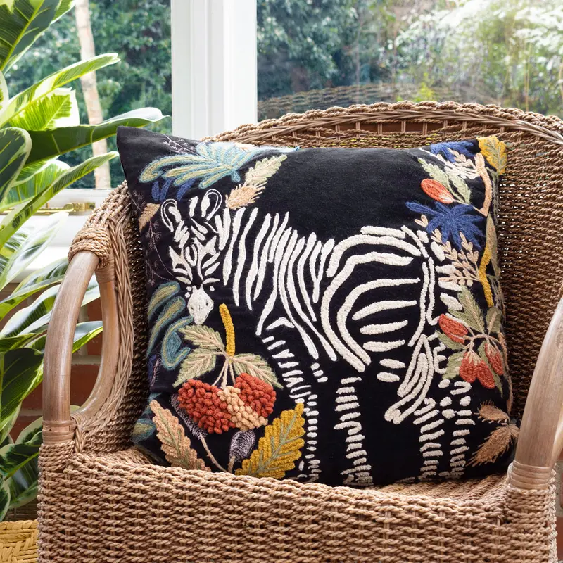 Exotic Zebra Embroidered Cushion Midnight 1