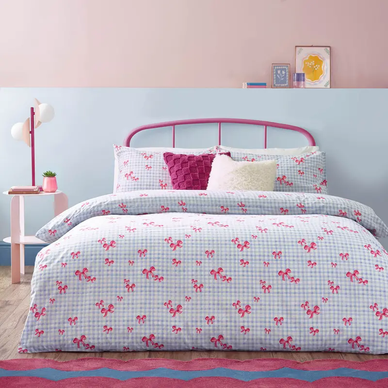 Gingham Bows Printed Duvet Cover Set Blue 1