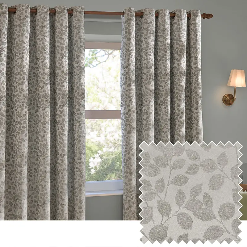 Grace Leaf Jacquard Fully Lined Eyelet Curtains Mist Grey 1