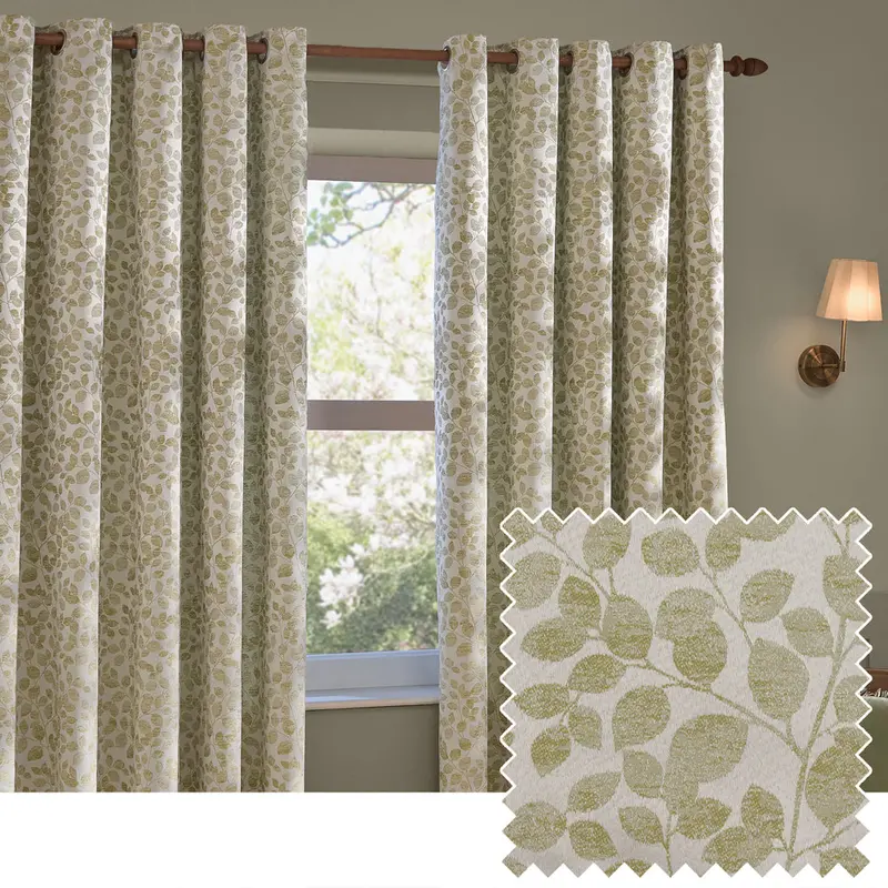 Grace Leaf Jacquard Fully Lined Eyelet Curtains Sage 1
