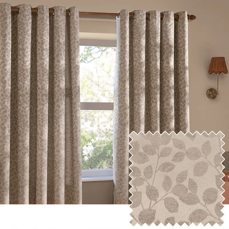 Grace Leaf Jacquard Fully Lined Eyelet Curtains Taupe 1