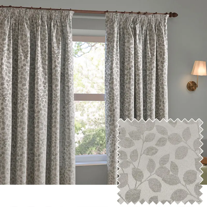 Grace Leaf Jacquard Fully Lined Pencil Pleat Curtains Mist Grey 1