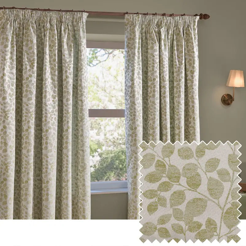 Grace Leaf Jacquard Fully Lined Pencil Pleat Curtains Sage 1