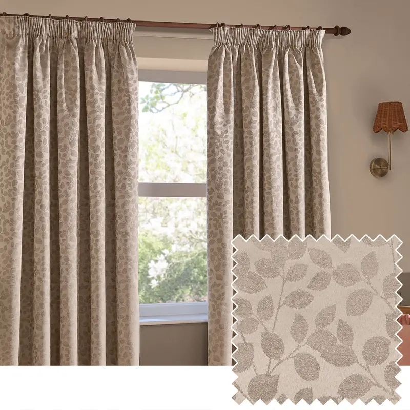 Grace Leaf Jacquard Fully Lined Pencil Pleat Curtains Taupe 1