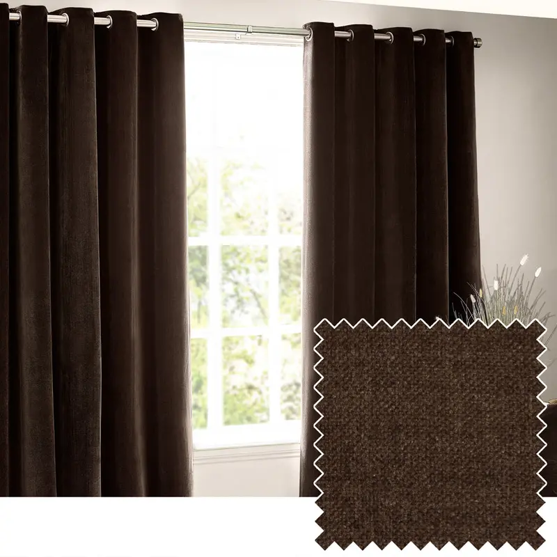 Heavy Chenille Blackout Eyelet Curtains Brown 1