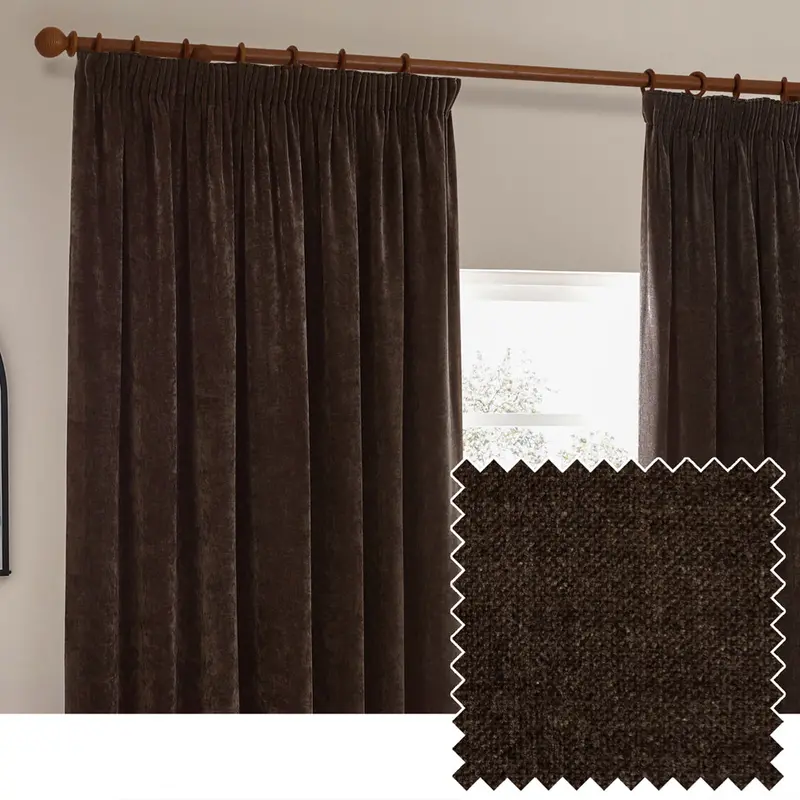 Heavy Chenille Blackout Pencil Pleat Curtains Brown 1