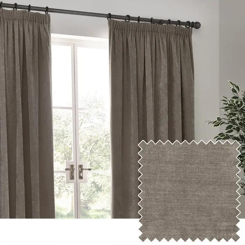 Heavy Chenille Blackout Pencil Pleat Curtains Greige 1
