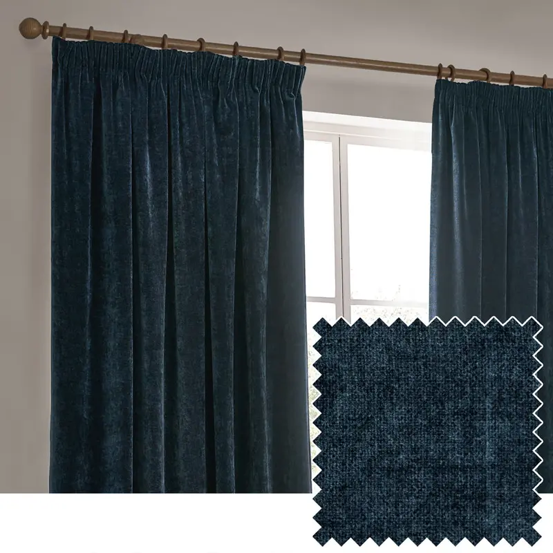 Heavy Chenille Blackout Pencil Pleat Curtains Navy 1