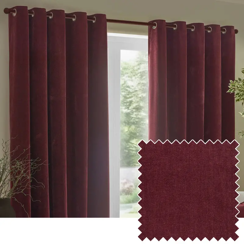 Heavy Chenille Fully Lined Velvet Eyelet Curtains Beetroot 1