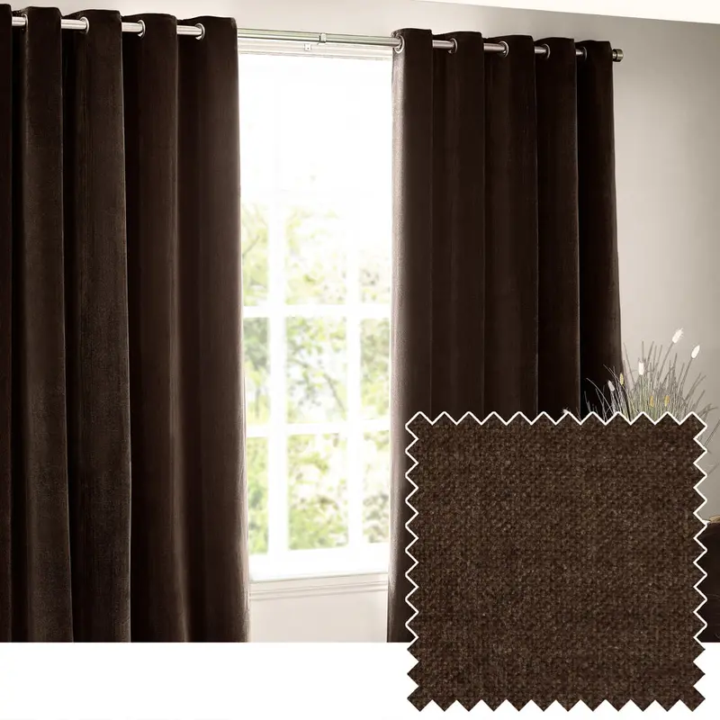 Heavy Chenille Fully Lined Velvet Eyelet Curtains Brown 1