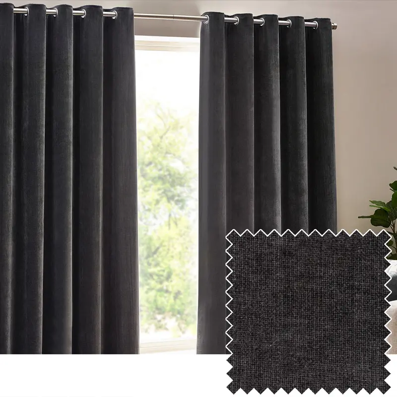 Heavy Chenille Fully Lined Velvet Eyelet Curtains Charcoal 1