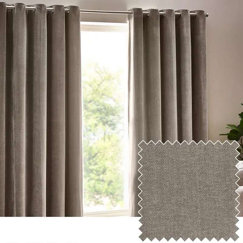 Heavy Chenille Fully Lined Velvet Eyelet Curtains Greige 1