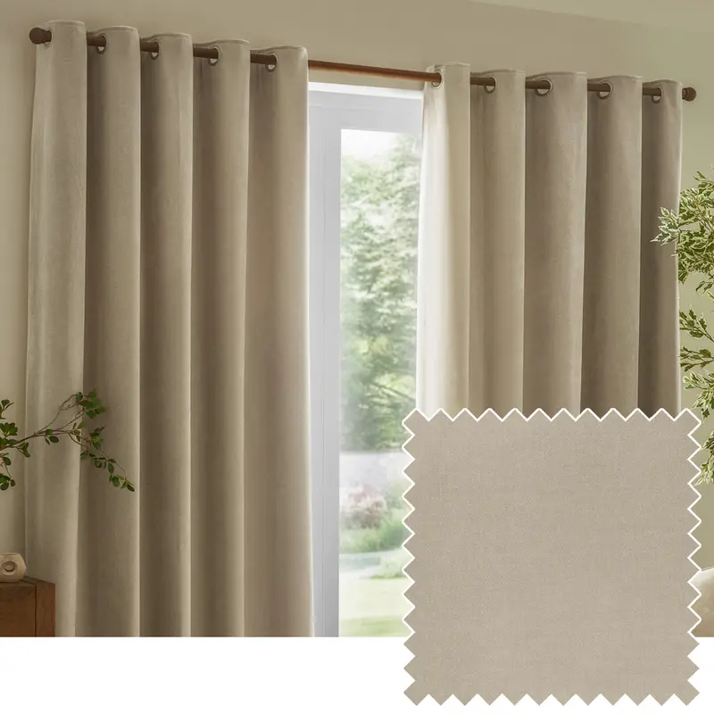 Heavy Chenille Fully Lined Velvet Eyelet Curtains Linen 1