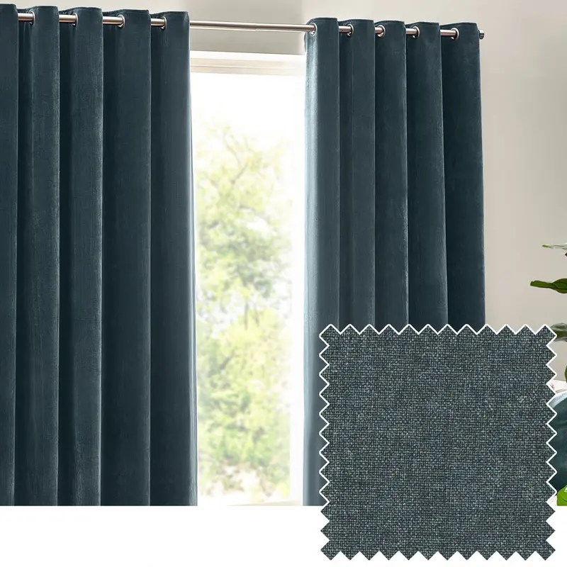 Heavy Chenille Fully Lined Velvet Eyelet Curtains Marine 1