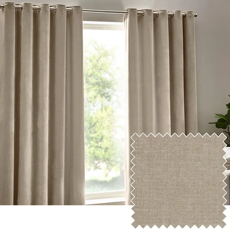 Heavy Chenille Fully Lined Velvet Eyelet Curtains Natural 1