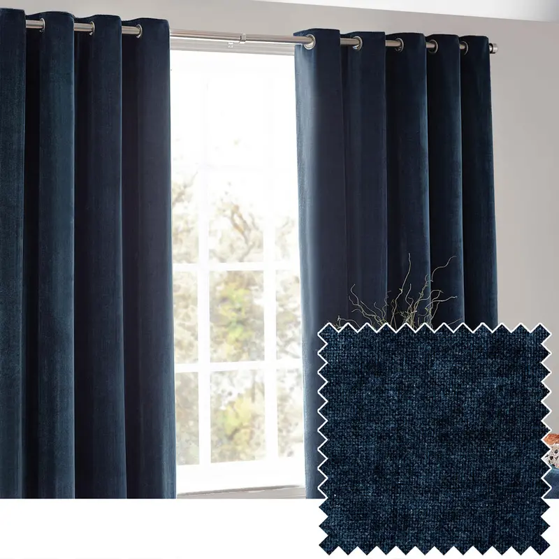 Heavy Chenille Fully Lined Velvet Eyelet Curtains Navy 1