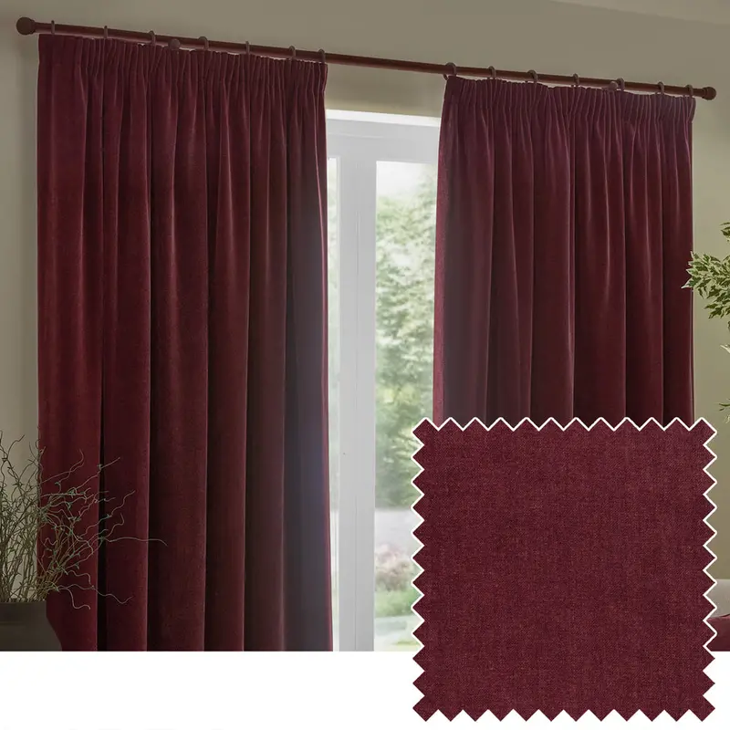 Heavy Chenille Fully Lined Velvet Pencil Pleat Curtains Beetroot 1