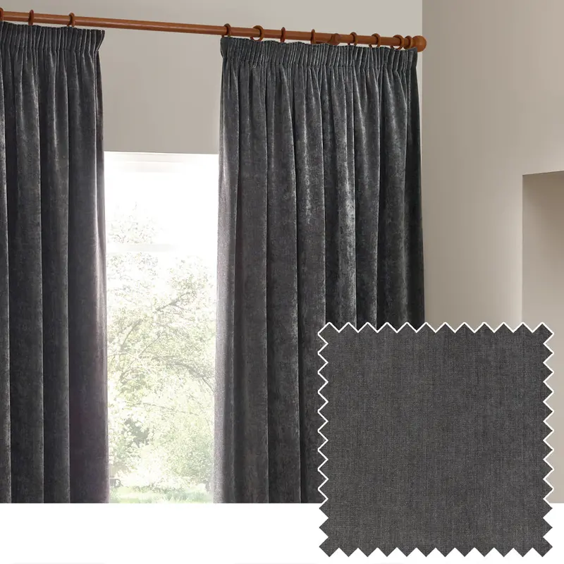 Heavy Chenille Fully Lined Velvet Pencil Pleat Curtains Charcoal 1