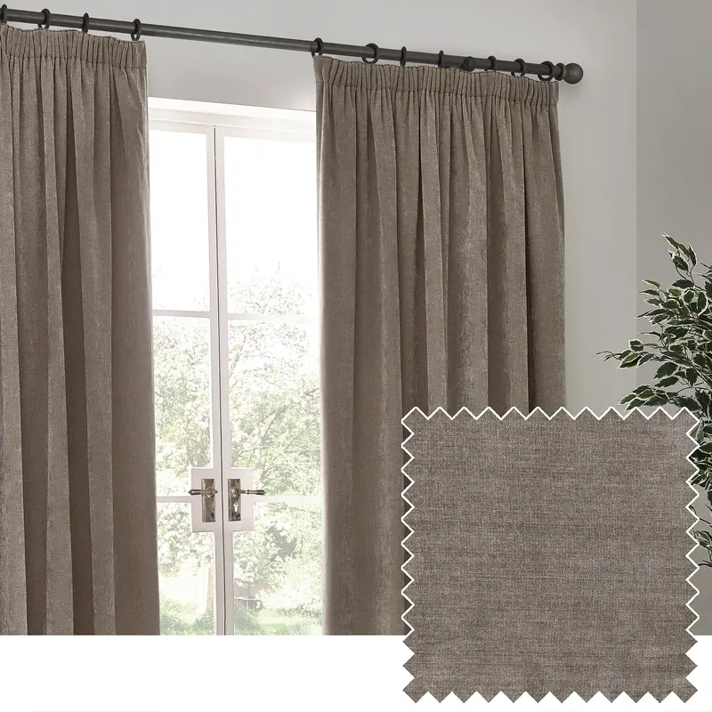 Heavy Chenille Fully Lined Velvet Pencil Pleat Curtains Greige 1