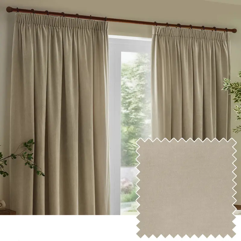 Heavy Chenille Fully Lined Velvet Pencil Pleat Curtains Linen 1
