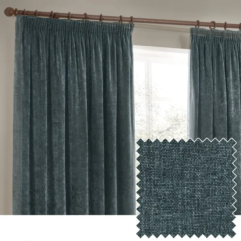 Heavy Chenille Fully Lined Velvet Pencil Pleat Curtains Marine 1