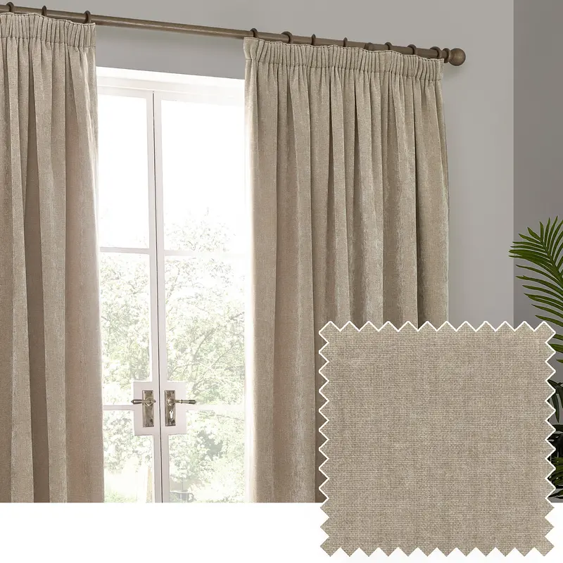 Heavy Chenille Fully Lined Velvet Pencil Pleat Curtains Natural 1