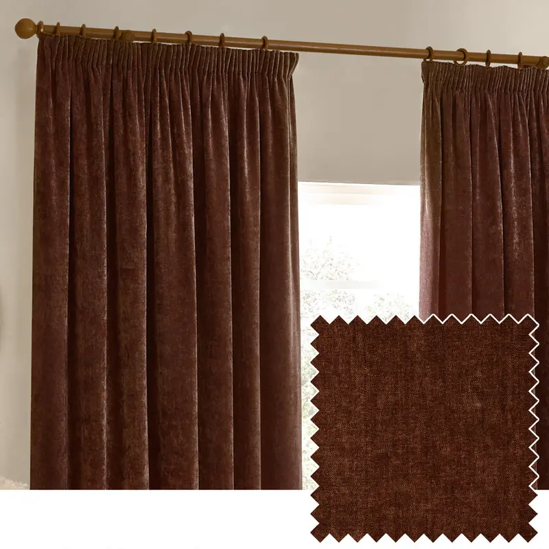 Heavy Chenille Fully Lined Velvet Pencil Pleat Curtains Nutmeg 1
