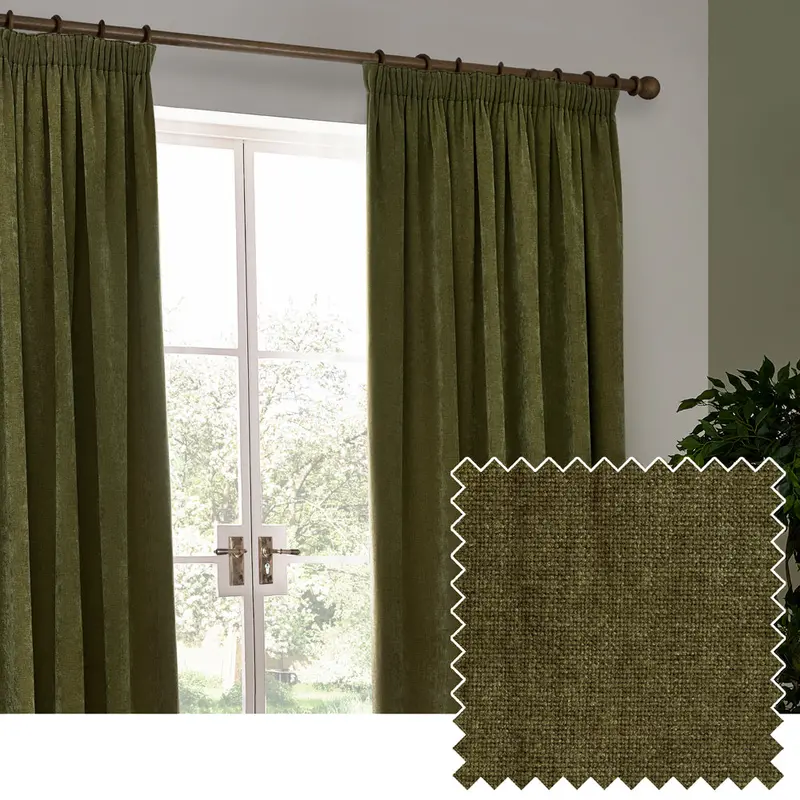 Heavy Chenille Fully Lined Velvet Pencil Pleat Curtains Olive 1