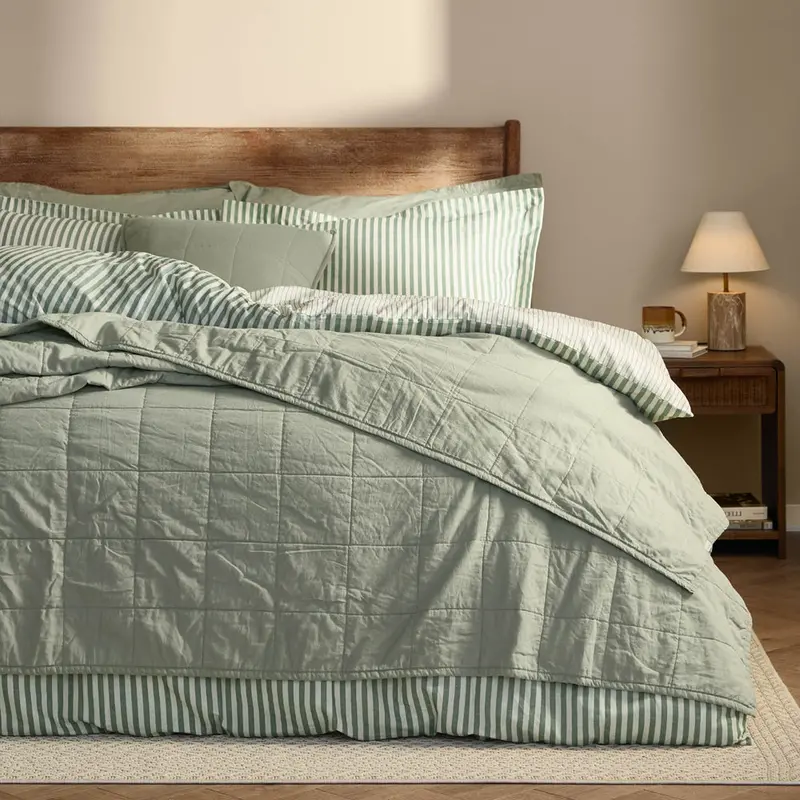 Hebden Quilted Washed Cotton Bedspread Bay Green 1